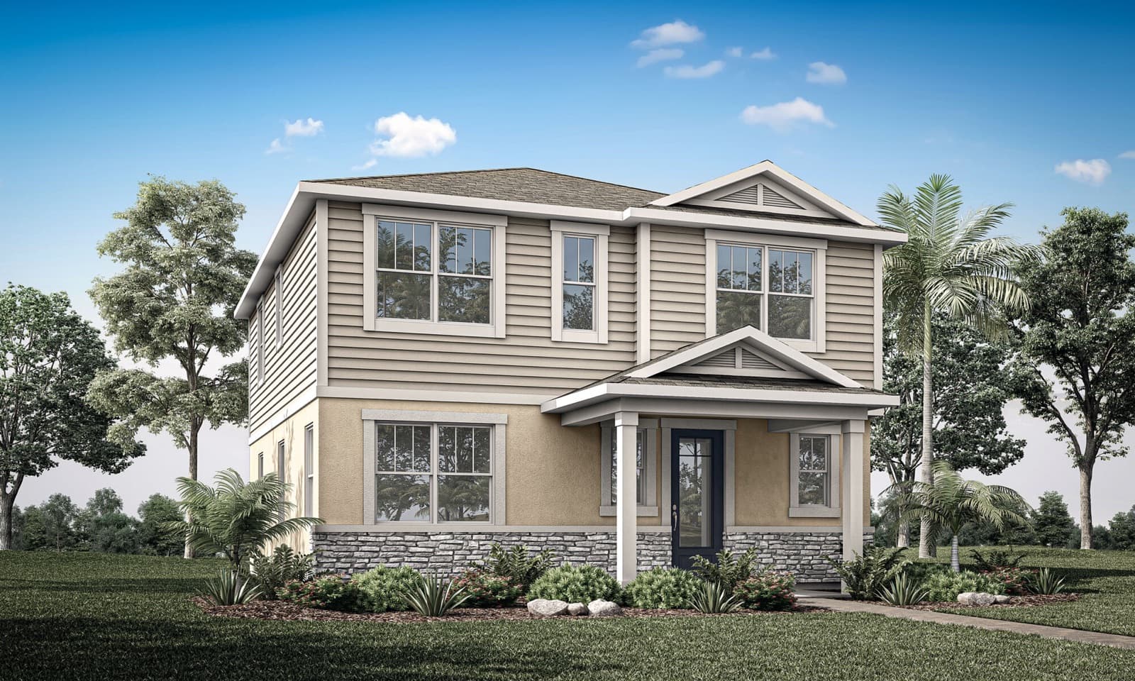 Fachada de la casa modelo Grayton, elevación Coastal, en Meridian Parks