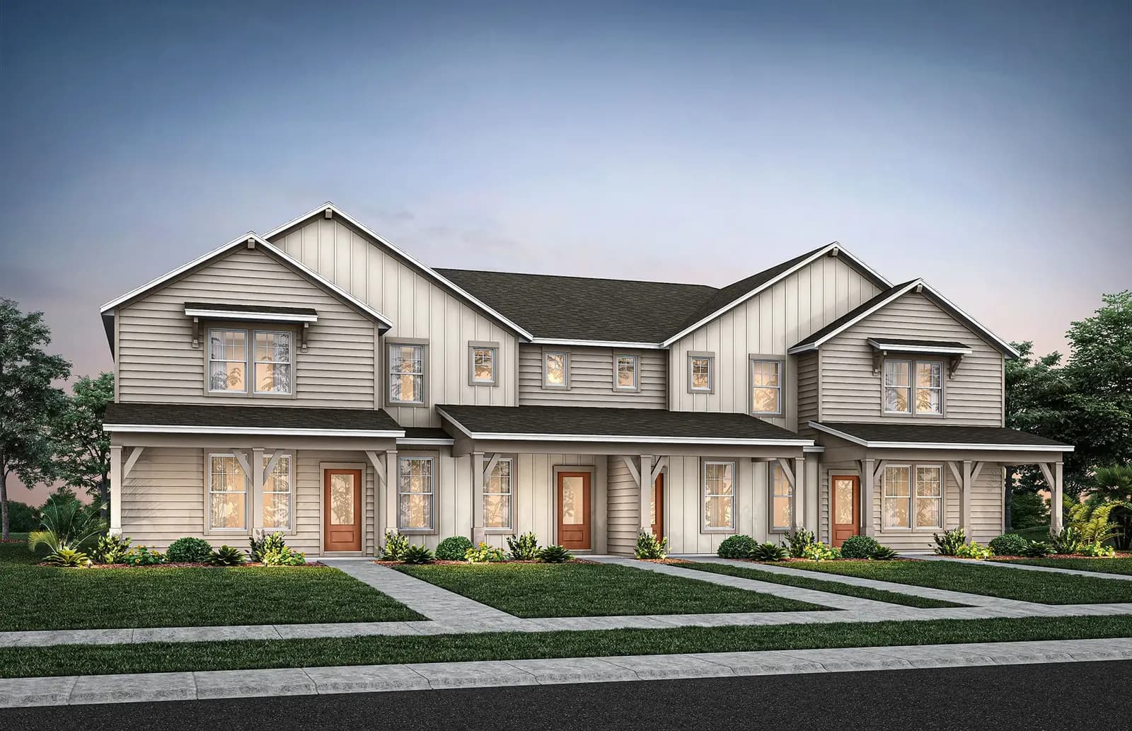 Render del edificio de townhomes Julep y Dahlia, elevación FH101, representación artística