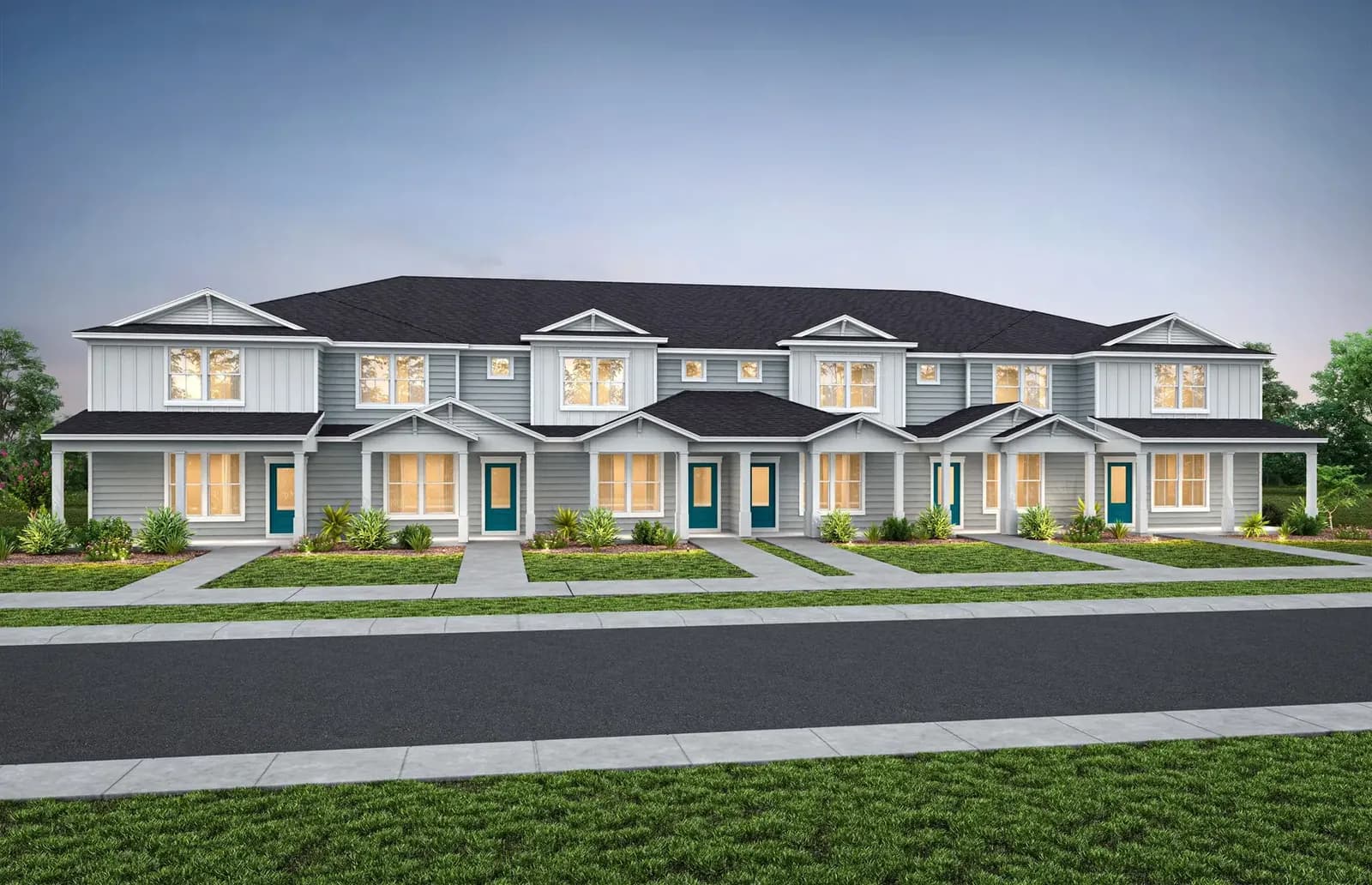 Render del edificio de seis townhomes Julep y Dahlia, elevación CO101, representación artística